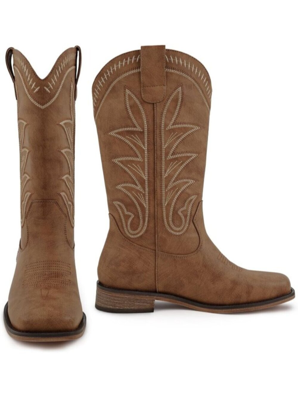 Women's Brown Square Toe Mid Calf Chunky Heel Classic Fall Western Cowgirl Boots - Picture 6 of 7